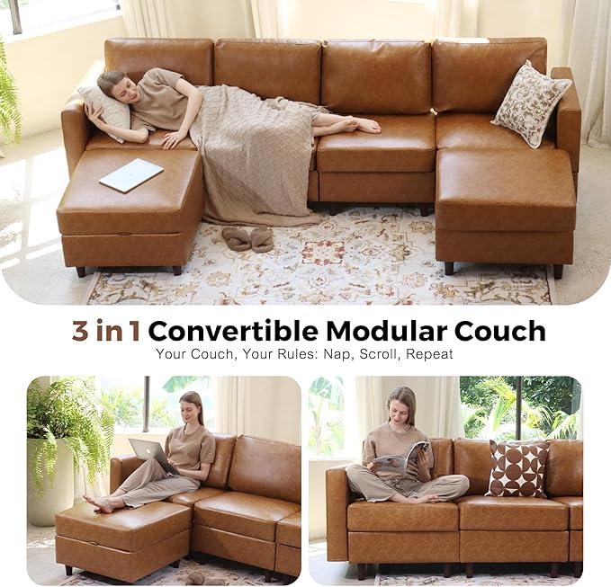 118.5" Faux Leather Modular Sectional Convertible Sofa, L Shaped Couch Set for Living Room, Large 8-Seater Comfy Cloud Couches with Movable Storage Ottoman DIY Combination - Brown