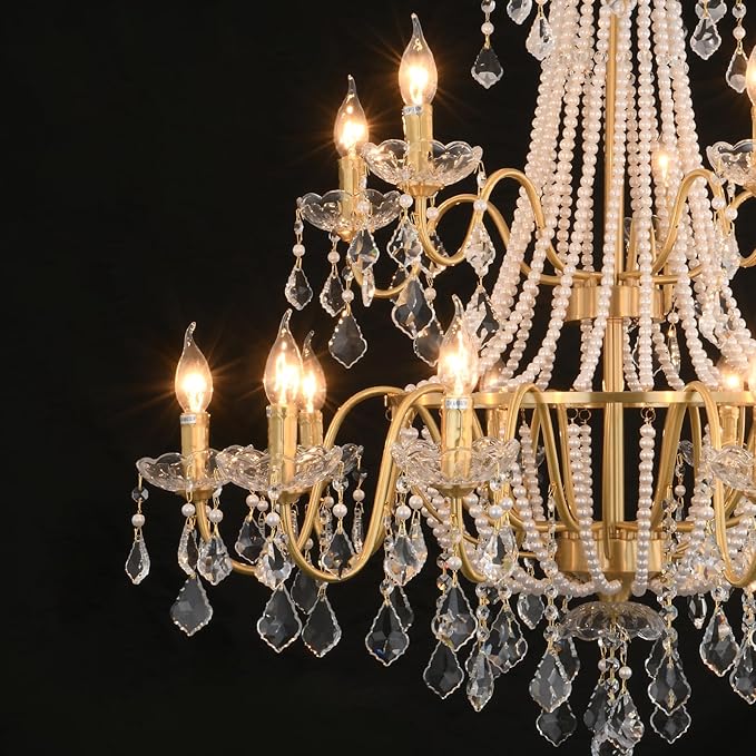 40" Large Brass Crystal Chandeliers,Gold Brushed Brass Chandelier for High Ceiling Living Room Dining Room Staircase Hallway Entryway Foyer(15-Light, Bulb Included)