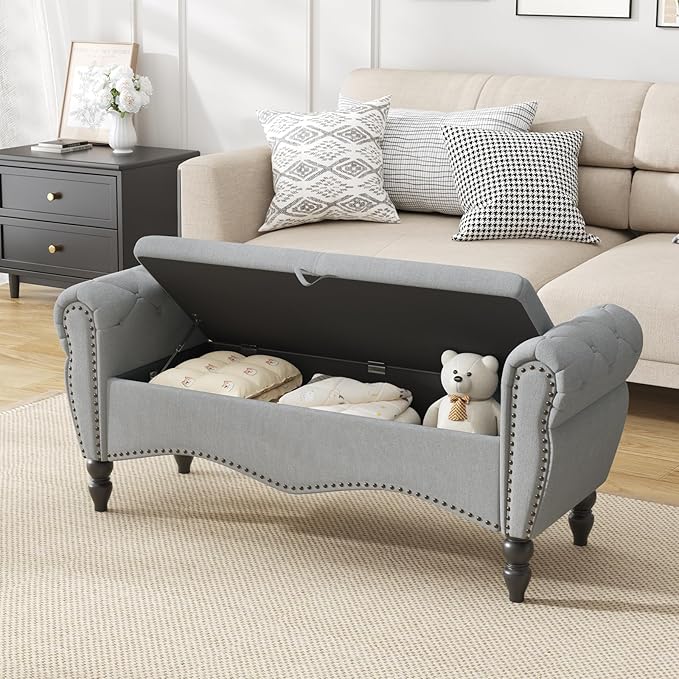 Furniliving 51.75" Storage Ottoman Bench for Living Room, Modern Bedroom Bench with Rolled Arm Upholstered End of Bed Bench Shoe Storage Bench Indoor Bench with Wood Legs Entryway Bench,Grey, Linen