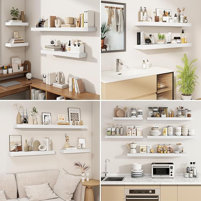 fuqing Floating Shelves for Wall, Bathroom Shelf Wall Mounted for Storage, Shelves with Invisible Bracket for Bedroom, Kitchen, Living Room, Farmhouse Small Book Shelf, 6.5 Inch Set of 3, White
