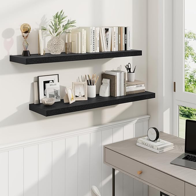 Fun Memories 40" Rustic Wood Floating Shelves with Invisible Brackets for Storage & Decor, Deep Wall Mounted Shelves for Bathroom, Kitchen, Living Room (Black, Set of 2)