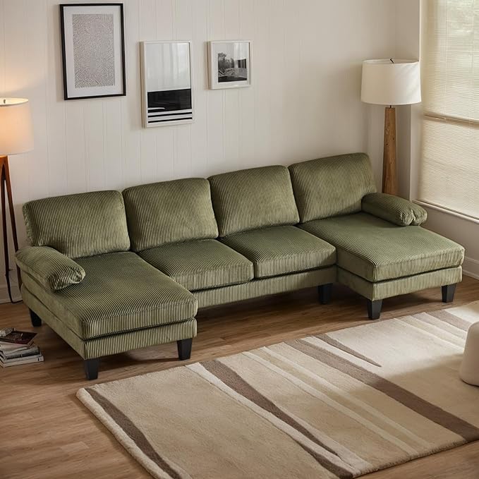 Karl home U-Shape Sectional Sofa Couch 111" Modern 4-Seat Sofa with Chaises Corduroy Fabric Upholstered Covertible Couch with Wood Grain Legs for Living Room, Reception Room, Apartment, Green