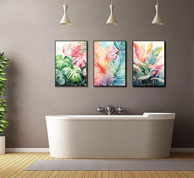 3pcs Tropical Botanical Canvas Wall Art Monstera Leaves Posters Botanical Prints Bohemian style Wall Decor Pictures Palm Leaves Paintings for Bathroom living room Decoration Unframed