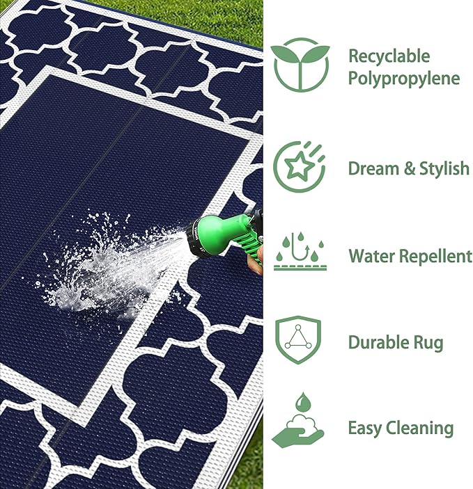 GENIMO 4' x 6' Outdoor Rug Waterproof for Patio Decor, Foldable Reversible Plastic Straw Area Rugs Mat for Camper, Outside Carpet for Rv, Deck, Porch, Picnic, Beach, Balcony, Blue & White