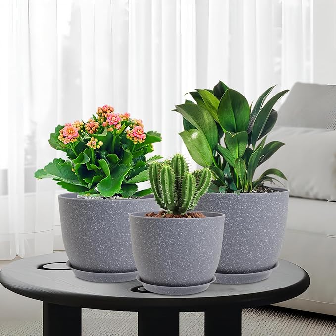 10/9/8 inch Plant Pots, Set of 3 Modern Decorative Plastic Planters with Drainage Holes and Saucers for Garden House Plants, Flower Pots for Indoor Outdoor Plants, Speckled Grey