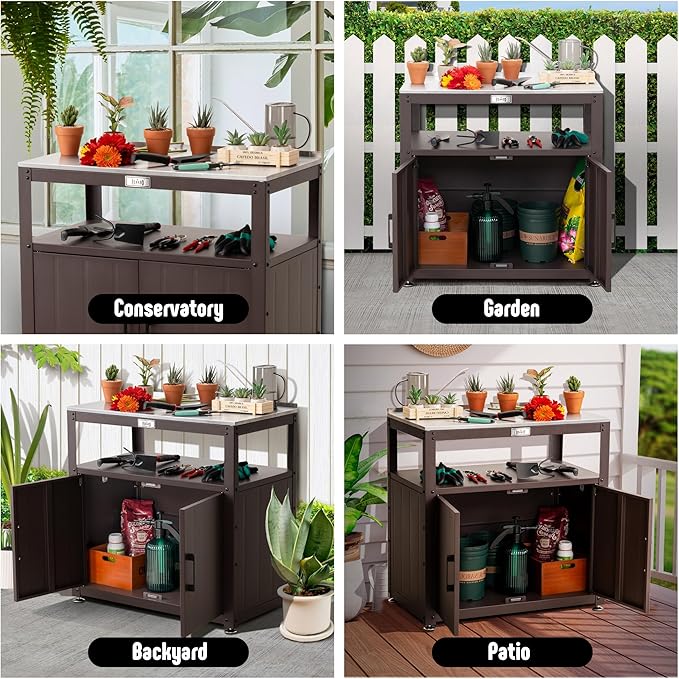Garden Potting Bench with Storage Cabinet,Outdoor Gardening Table & Work Bench for Plants, Horticulture,Outdoor Workstation with Stainless Steel Tabletop,Outdoor Work Table