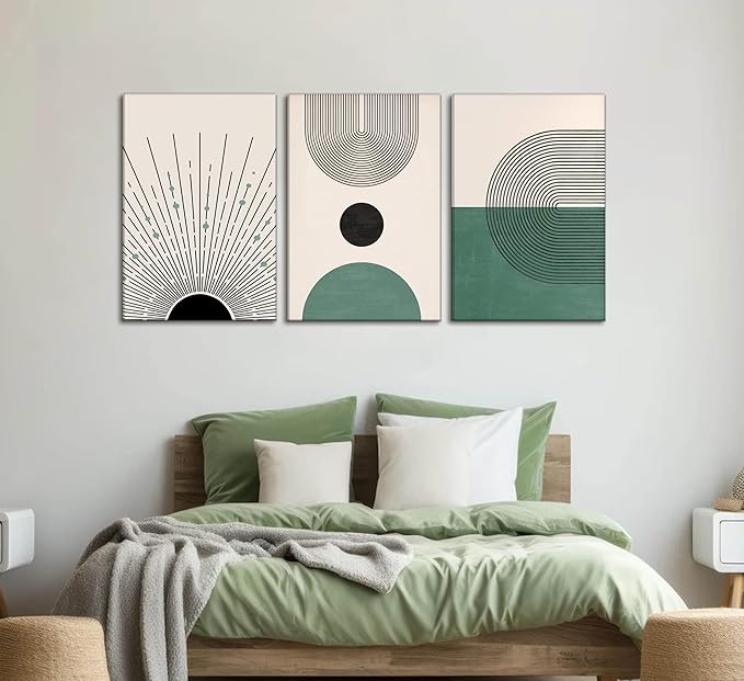 3 Pcs Sage Green Boho Canvas Wall Art Modern Abstract Minimalist Neutral Bohemian Sun Geometric Line Painting Picture Wall Decor Poster Print Artwork for Living Room Bedroom Home Decoration