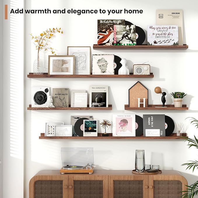 Fun Memories Picture Ledge Shelves Set of 2, 36 Inch Rustic Wall Mounted Floating Shelves with Lip for Home Storage and Décor in Bathroom, Kitchen, Nursery, Bedroom, Living Room, Walnut