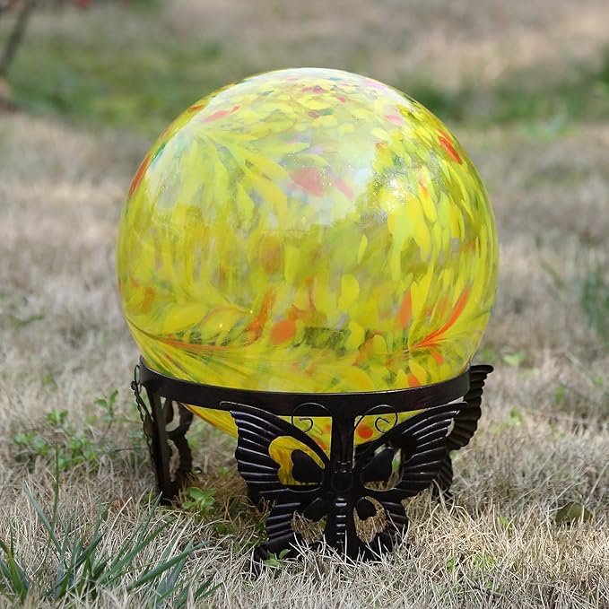 Gazing Ball 10 inch Colorful Glass Gazing Ball for Garden Decor, Indoor Outdoor Glass Gazing Globe Yard Decoration, Yellow