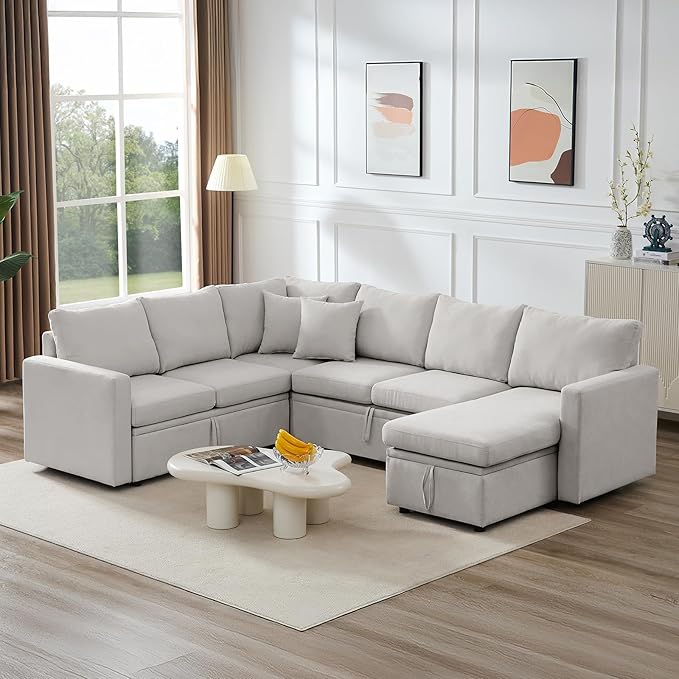 7 - Seater Sofa Bed, Large U - Shaped Modular Sectional Sofa, Oversized Pull - Out Sleeper with Storage for Living Room, Light Grey