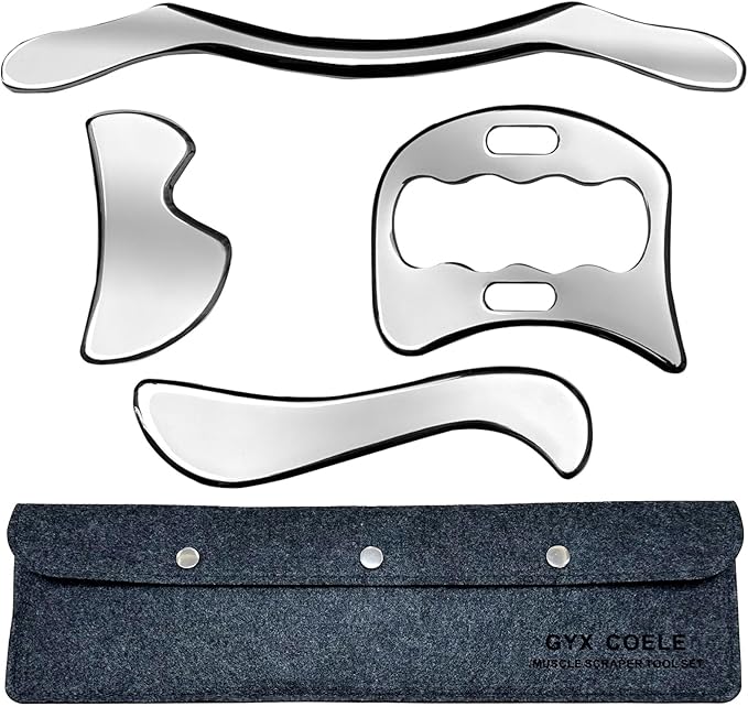 4 in 1 Stainless Steel Gua Sha Muscle Scraper Tool, Professional IASTM Physical Therapy Tool Set for Massage and Scraping (4pcs Carry Bag)