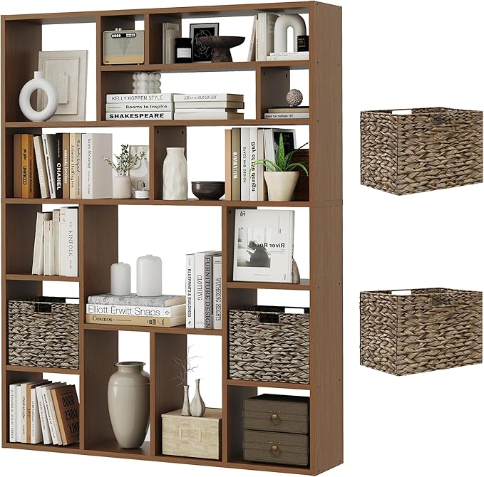 6-Tier Large Open Bookcase 71” Tall Sturdy Wooden Bookshelf with Baskets,Modern Style 16-Cube Home Display Shelf for Bedroom, Living Room(Oak Color)