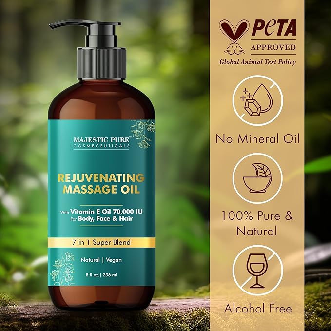 MAJESTIC PURE Vitamin E 70k Blend Massage Oil for Massage Therapy - Refreshing, and Relaxing - Natural Oils with Sweet Almond, Jojoba, Argan & Avocado - for All Skin Types - Men and Women - 8 fl oz