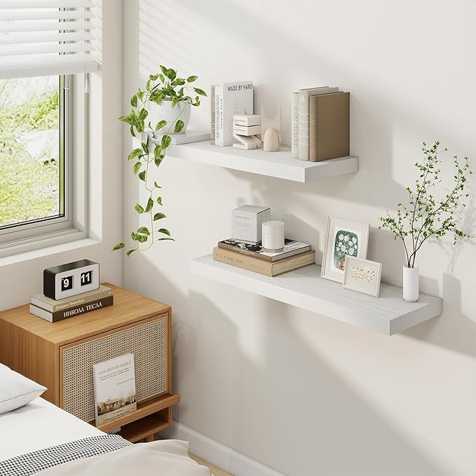 Fun Memories Floating Shelves for Wall, 30 Inch Rustic Wood Wall Mounted Shelves for Bathroom, Bedroom, Kitchen, Living Room, Deep Floating Shelves for Storage & Home Decor (White, Set of 2)