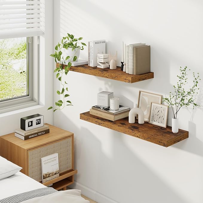 Fun Memories Floating Shelves for Wall, 32 Inch Rustic Wood Wall Mounted Shelves for Bathroom, Bedroom, Kitchen, Living Room, Deep Floating Shelves for Storage & Home Decor (Brown,Set of 2)