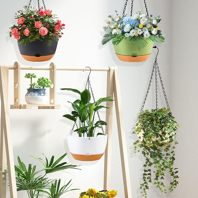 10 inch Plant Pot Hanging Planters Self Watering Pots for Indoor Plants, 3 Pack Plastic Hanging Basket with Removable Tray for Home Garden Porch Balcony Patio Decor(Black)