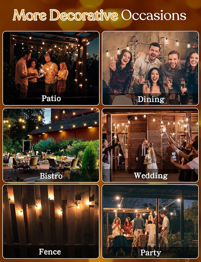 50 FT Outdoor String Lights - LED Waterproof Patio Lights with Dimmer Remote - Edison Bulbs for Porch, Backyard & Cafe/Bistro