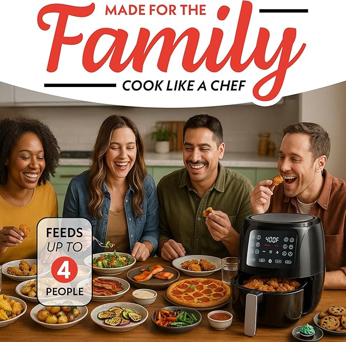 Gourmia Air Fryer Oven Digital Display 4 Quart Large AirFryer Cooker 12 1-Touch Cooking Presets, Black and Stainless Steel Accents Fry Force GAF486