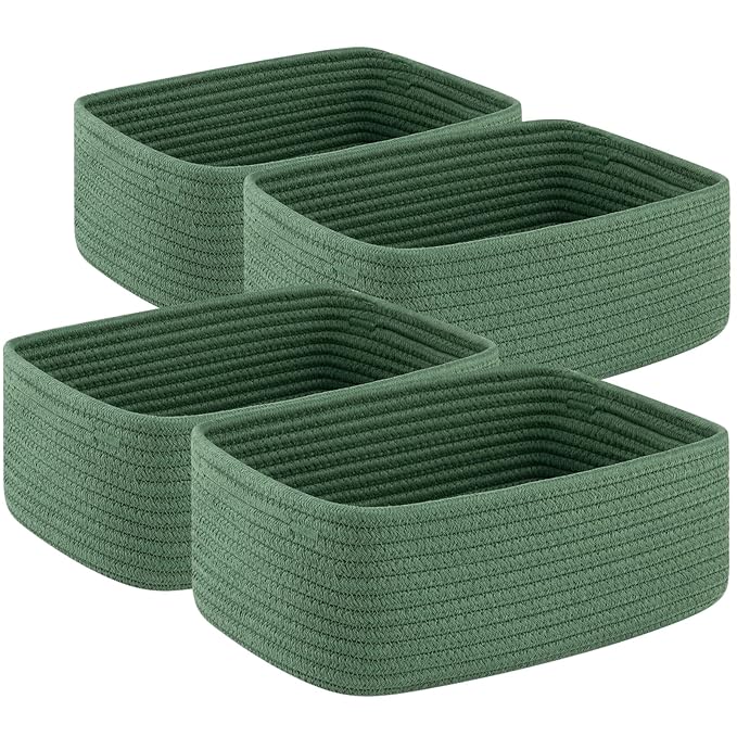4 Pack Small Storage Shelf Baskets for Organizing, Mini Woven Rope Storage Bins for Towels, Cute Decorative Closet Organizer,Baby Nursery, Gift Empty Baskets -13''Lx8.66''Wx5.11''H-Green