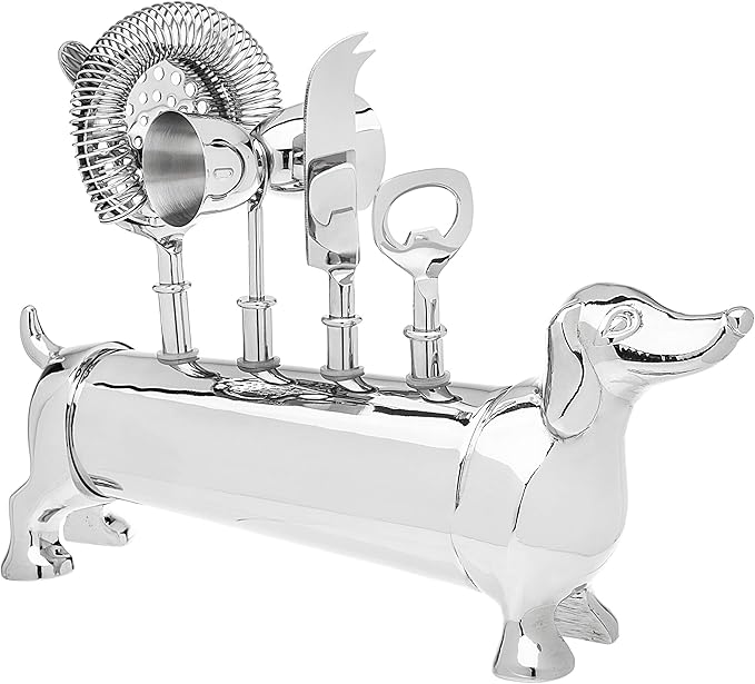 Godinger Bar Tool Set with Stand - Dachshund Bartender Mixology Kit - 5 pc Set