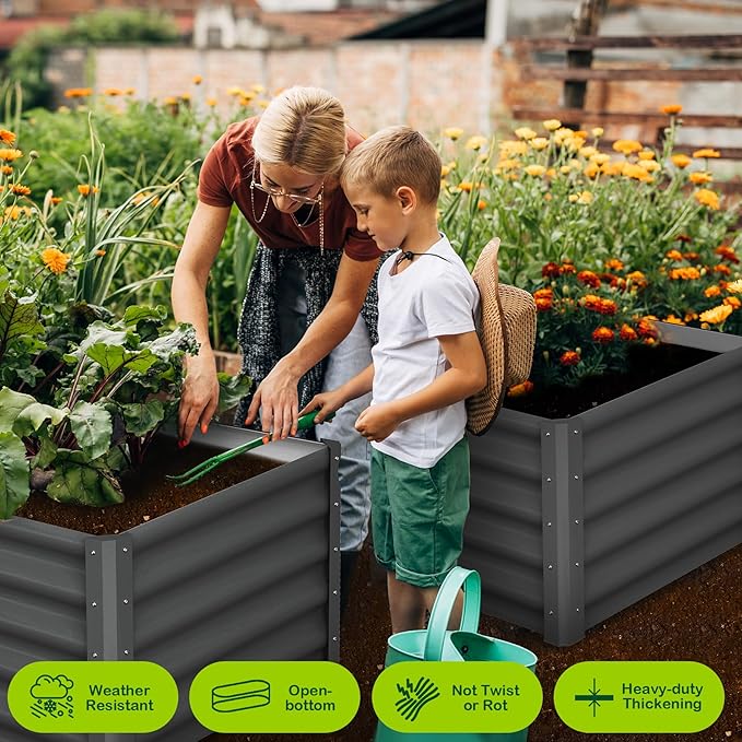 Galvanized Raised Garden Bed Outdoor, 2 Pcs 6x3x1.5FT Outdoor Large Planter Raised Beds Open Base with Safety Edge and Glove for Vegetables Flowers Ground Planter, Dark Grey