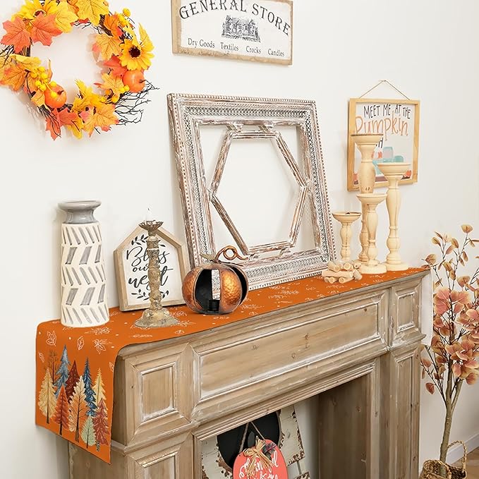GEEORY Fall Watercolor Trees & Maple Leaves Table Runner 13x72 Inch, Rustic Farmhouse Autumn Thanksgiving Decor for Kitchen, Dining, Indoor/Outdoor Holiday Dinner Party Orange GT158-72