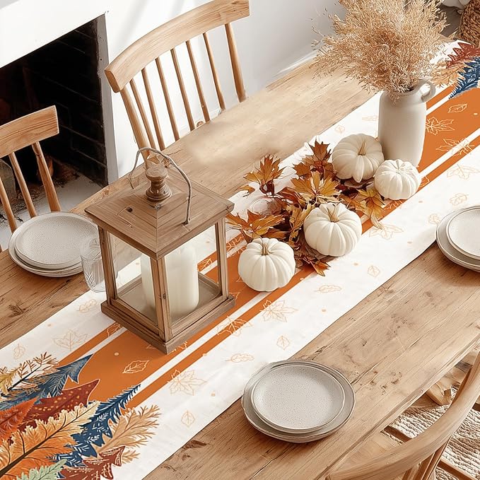 GEEORY Fall Watercolor Trees & Maple Leaves Striped Table Runner 13x90 Inch, Rustic Farmhouse Autumn Thanksgiving Decor for Kitchen, Dining, Indoor/Outdoor Holiday Dinner Party Orange GT157-90