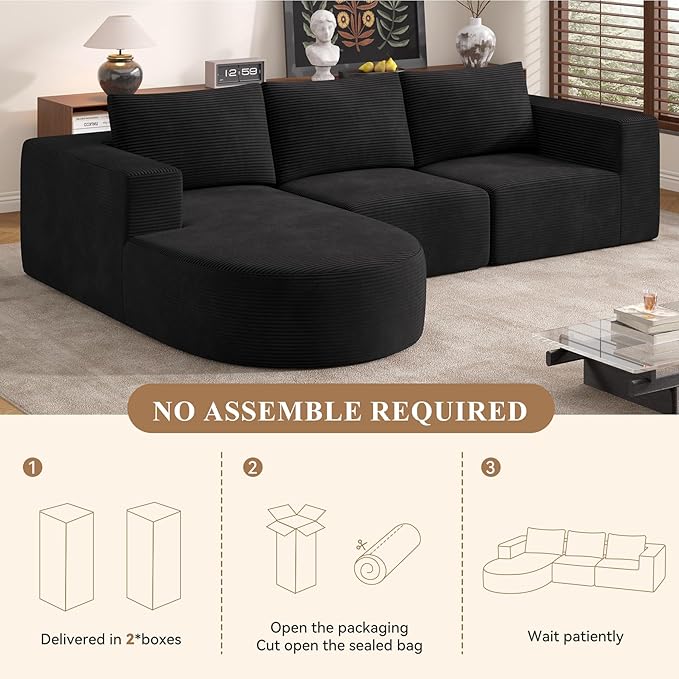 Modular Sectional Sofa with L-Shape Chaise,Cloud Sectional Modern Sleeper Couch with Deep Seat,Sponge Compression Sofas No Assembly Required (Black-Corduroy Fabric) 1PCS