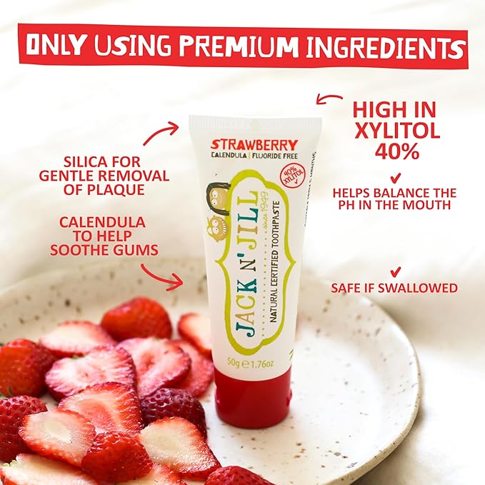 Jack N' Jill Natural Toothpaste for Baby and Infants - Fluoride Free Training Toothpaste, 40% Xylitol, BPA Free - Strawberry, 1.76 oz (Pack of 1)
