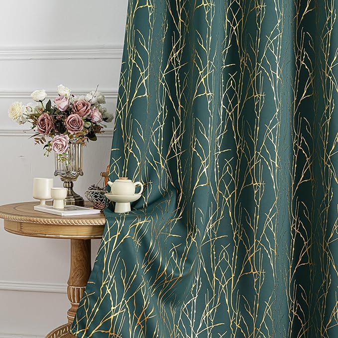 Grommets Blackout Long Window Curtains Green Gold-52W*84L 2PCS Drapes for Bedroom