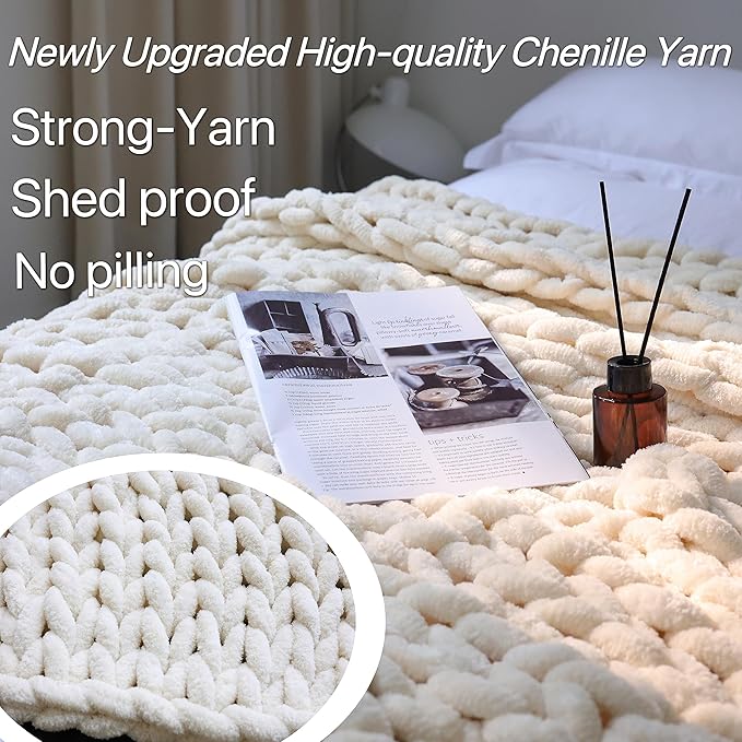 Maetoow Chenille Chunky Knit Blanket Throw (40×50 Inch), Handmade Warm & Cozy Blanket Couch, Bed, Home Decor, Soft Breathable Fleece Banket, Christmas Thick and Giant Yarn Throws, Cream