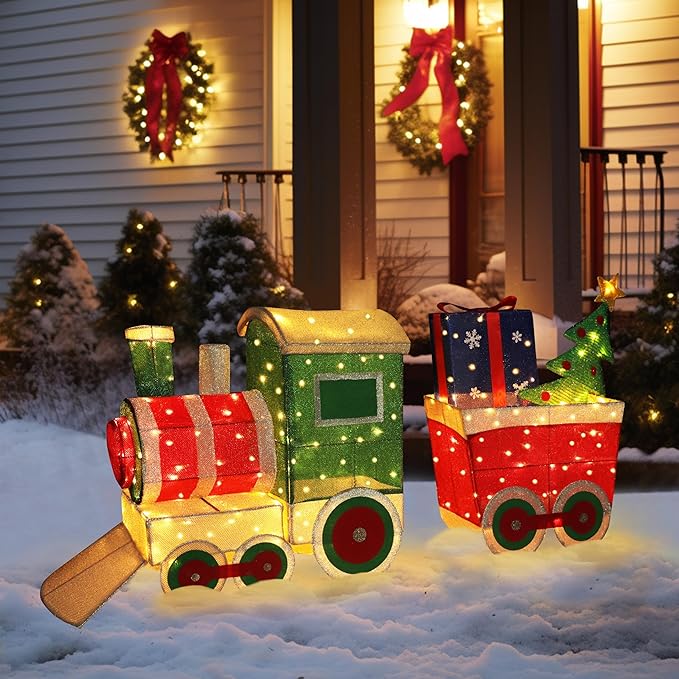 5FT Light-Up Christmas Train Decor with 170 LED Lights, 3D Pre-Lit Train Set with Gift Box and Christmas Tree for Xmas Decoration, Freestanding Glittered Holiday Display for Outdoor, Indoor