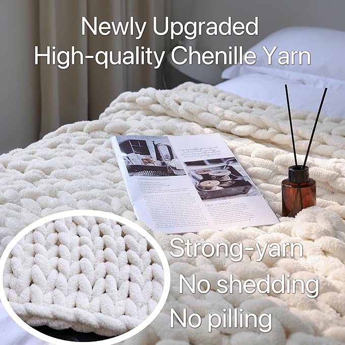 Maetoow Chenille Chunky Knit Blanket Throw (82×86 Inch), Handmade Warm & Cozy Blanket Couch, Bed, Home Decor, Soft Breathable Fleece Banket, Christmas Thick and Giant Yarn Throws, Cream