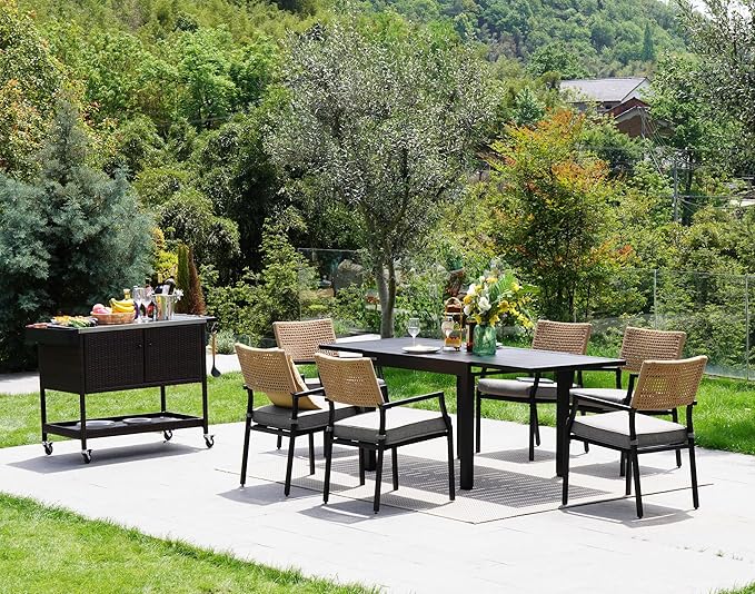 Grand patio Outdoor Wicker Bar Cart, Outdoor Bar Table with Stainless Steel Tabletop, Patio Kitchen Island Grill Cart with Storage Cabinet and 4 Hooks