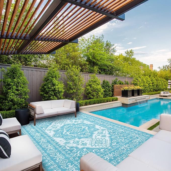 GAOMON Outdoor Rug Waterproof 9x18 Reversible Plastic Straw Rug, Large Rugs for Patio UV-Resistant Portable RV Camping Mats, Indoor Outdoor Medallion Carpet for Deck Porch Garden, Light Blue