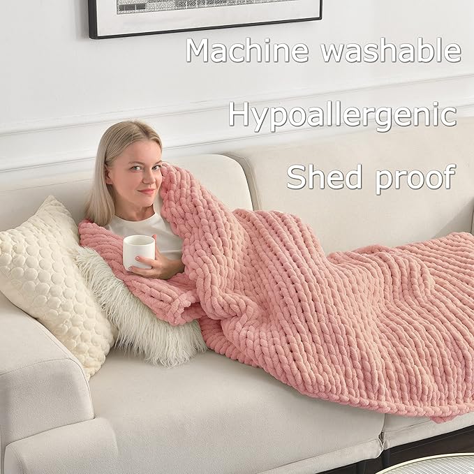 Maetoow Tighter Version Chenille Chunky Knit Blanket Throw 40×50 Inch, Handmade Warm & Cozy Blanket Couch, Bed, Home Decor, Soft Fleece Banket, Boho Thick Blankets and Giant Yarn Throws,Rose Pink