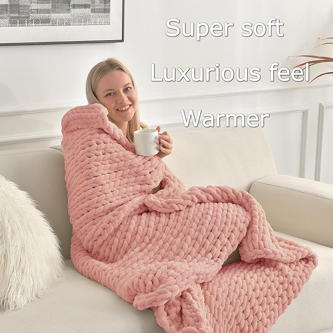 Maetoow Tighter Version Chenille Chunky Knit Blanket Throw 40×50 Inch, Handmade Warm & Cozy Blanket Couch, Bed, Home Decor, Soft Fleece Banket, Boho Thick Blankets and Giant Yarn Throws,Rose Pink
