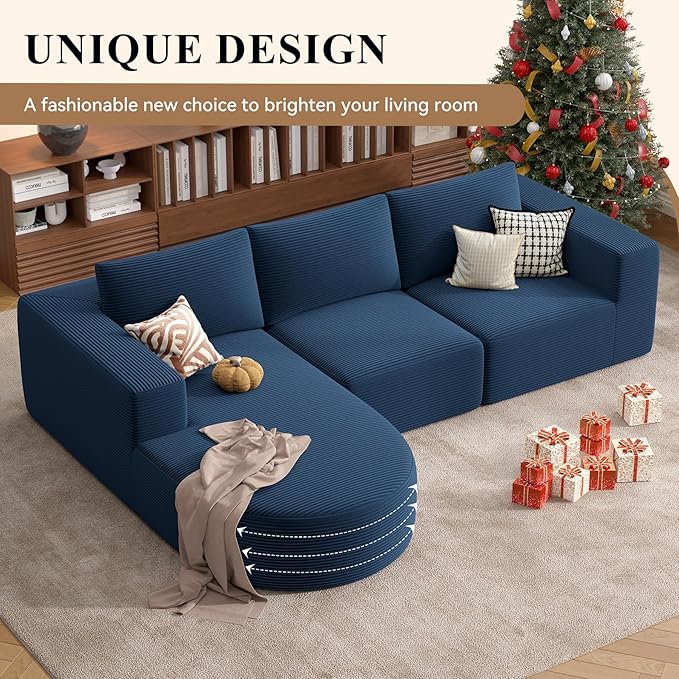 Modular Sectional Sofa with L-Shape Chaise,Cloud Sectional Modern Sleeper Couch with Deep Seat,Sponge Compression Sofas No Assembly Required (Blue-Corduroy Fabric) 1PCS