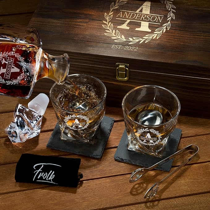Personalized Whiskey Decanter and Stones Set - Customized Gift for Him - Men, Dad, Father - Engraved Twisted Decanter,2 Twisted Glasses, 2 XL Chilling Balls, Coasters, Tongs in Wooden Gift Box