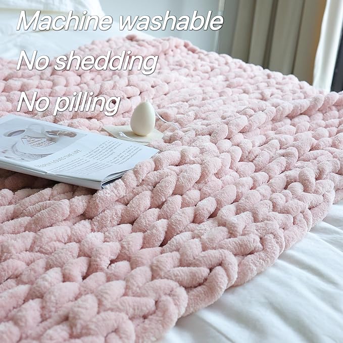 Maetoow Chenille Chunky Knit Blanket Throw (60×80 Inch), Handmade Warm & Cozy Blanket Couch, Bed, Home Decor, Soft Breathable Fleece Banket, Christmas Thick and Giant Yarn Throws, Light Pink