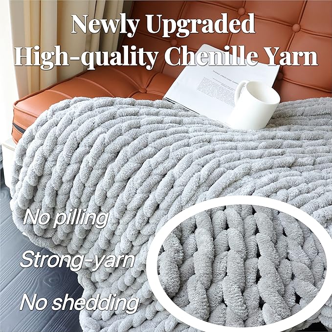 Maetoow Chenille Chunky Knit Blanket Throw (40×50 Inch), Handmade Warm & Cozy Blanket Couch, Bed, Home Decor, Soft Breathable Fleece Banket, Christmas Thick and Giant Yarn Throws, Grey