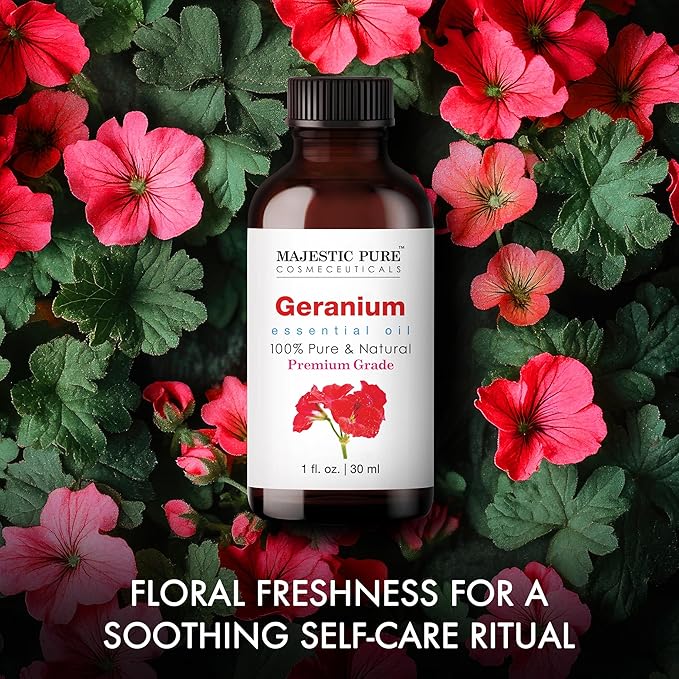 Majestic Pure Geranium Essential Oil with Glass Dropper - 1 Fl Oz - 100% Pure and Natural Geranium Oil - Premium Grade Essential Oils for Diffuser, Aromatherapy, Soap and Candle Making