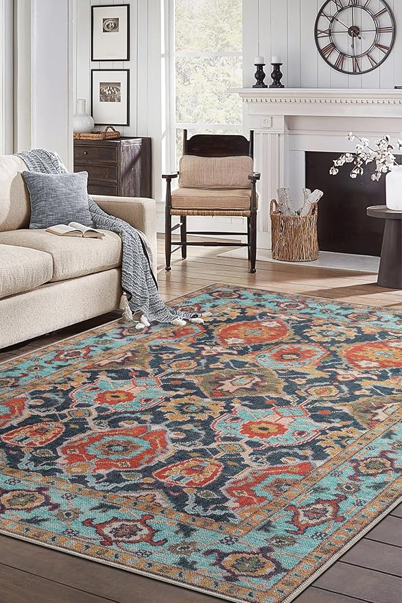 Keen Home Design 8x10 Rug - Machine Washable Area Rug with Non-Slip Backing, Ideal for Living Room, Dining Room, Bedroom - Vintage, Easy Clean, Durable, Low Pile Rug - (8' x 10')