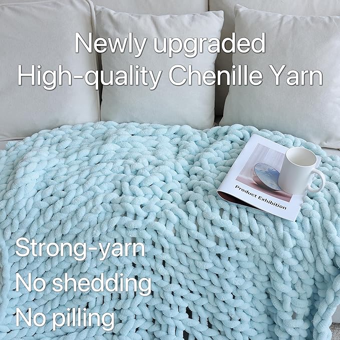 Maetoow Chenille Chunky Knit Blanket Throw (30×40 Inch), Handmade Warm & Cozy Blanket Couch, Bed, Home Decor, Soft Breathable Fleece Banket, Christmas Thick and Giant Yarn Throws, Baby Blue