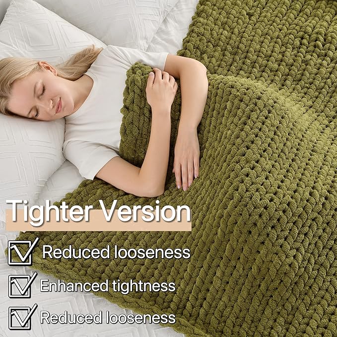 Maetoow Tighter Version Chenille Chunky Knit Blanket Throw 50×60 Inch, Handmade Warm & Cozy Blanket Couch, Bed, Home Decor, Soft Fleece Banket, Boho Thick Blankets and Giant Yarn Throws,Olive Green
