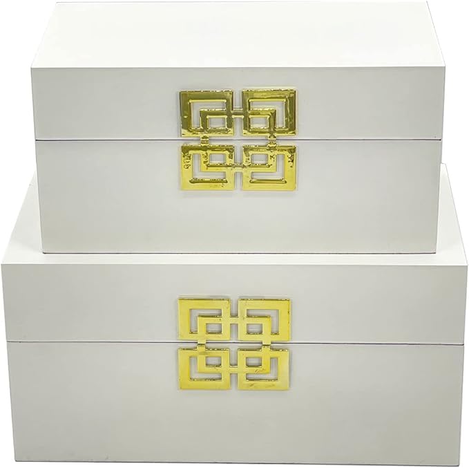 Galt International Large & Small Decorative Storage Box w/Hinged Lid - Classic Design Wood Decor Boxes with Geometric Opening Clasp - Home & Office Storage - Set of 2 (White + Gold)