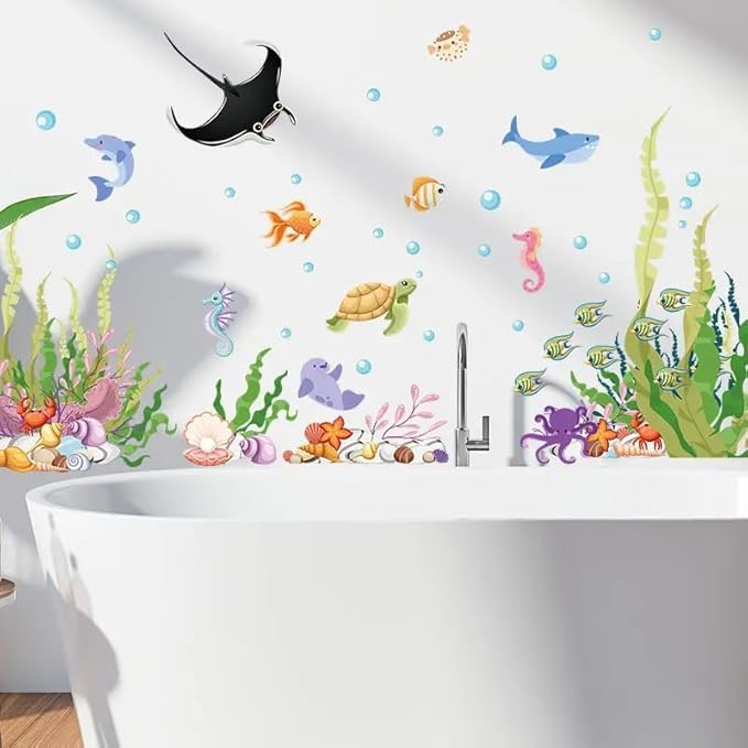2 Sheets of 12x36 Inch Spring Summer Window Cling Sticker Fish, Plants, Aquatic Theme Window Stickers, Spring and Summer Decor, Home, Shop, Party Window, Glass, Wall Display Stickers (Aquatic Theme)
