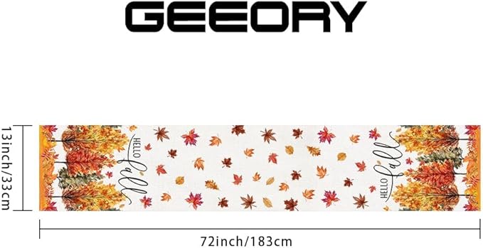 GEEORY Fall Watercolor Trees & Maple Leaves Table Runner 13x72 Inch, Rustic Farmhouse Autumn Thanksgiving Decor for Kitchen, Dining, Indoor/Outdoor Holiday Dinner Party Orange Red GT160-72