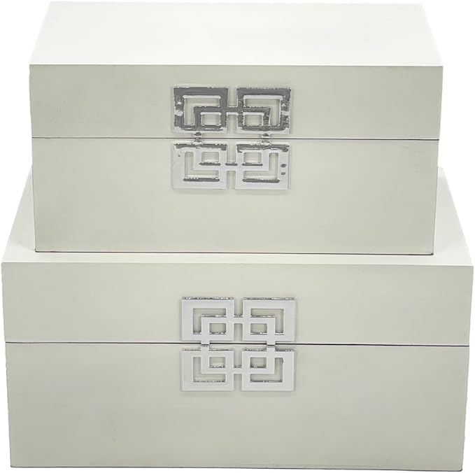 Galt International Storage Box Set Decorative Storage Box w/Hinged Lid Classic Design Wood Decor Boxes with Geometric Clasp Storage for Bedroom & Home - Set of 2 (White & Silver)