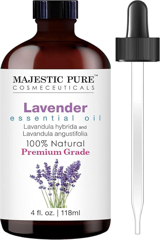 Majestic Pure Lavender Essential Oil with Glass Dropper - Huge 4 Fl Oz - 100% Pure and Natural Lavender Oil - Premium Grade Essential Oils for Diffuser, Aromatherapy, Soap and Candle Making